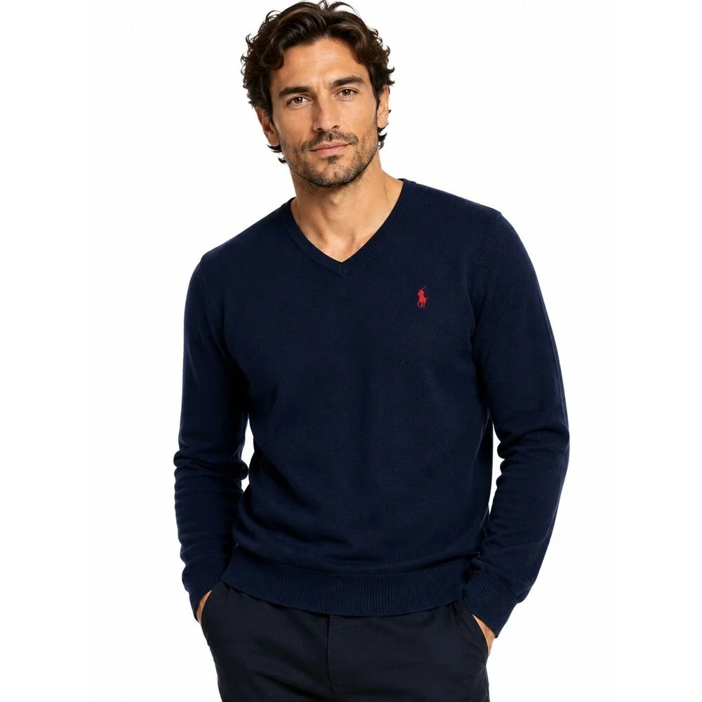 Polo Ralph Lauren Merino Wool Sweater Size Medium V-Neck Navy Blue Red Logo Men'